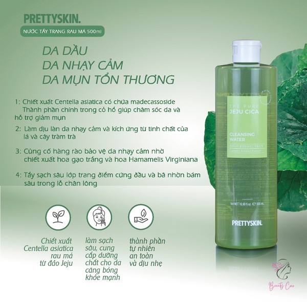 Nước Tẩy Trang PrettySkin The Pure Jeju Cica Cleansing Water được chiết xuất từ rau má Centella Asiatica