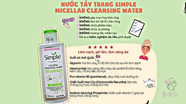 Kết hợp này giúp dòng nước tẩy trang Micellar Simple vừa làm sạch hiệu quả, vừa duy trì độ ẩm cho da, hỗ trợ tái tạo và củng cố hàng rào bảo vệ da khỏi các tác nhân gây hại từ bên ngoài.