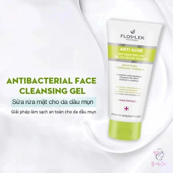 Floslek Anti Acne Face Cleansing là sữa rửa mặt dạng gel kháng khuẩn với các thành phần chống vi khuẩn mạnh mẽ.